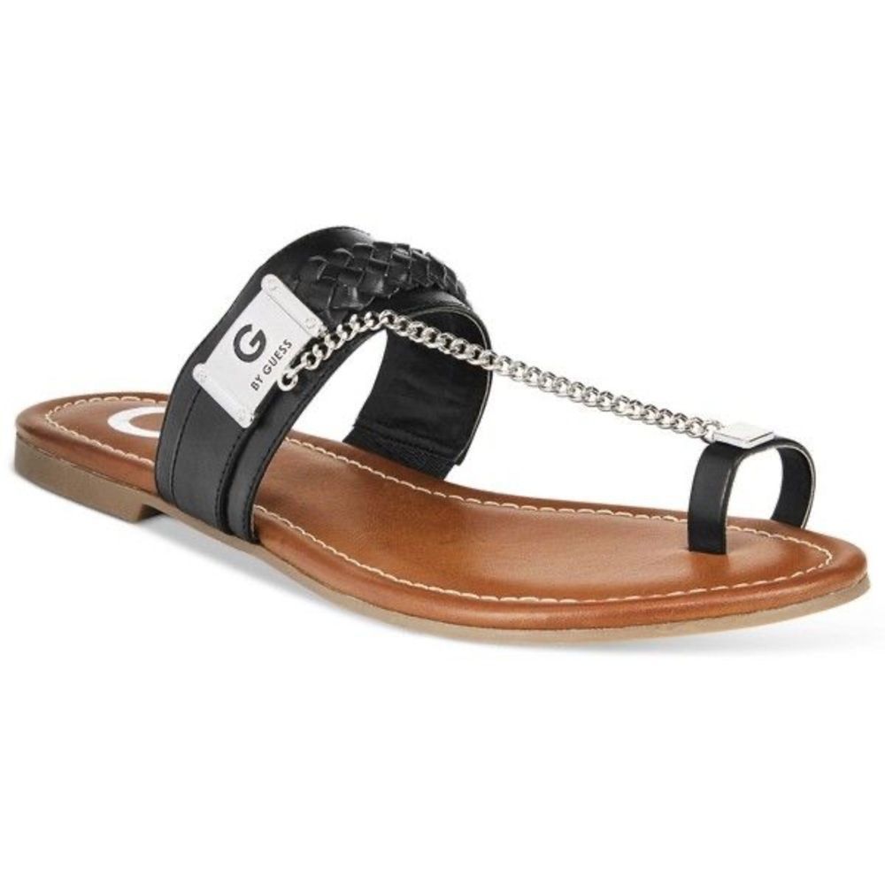 G by Guess Women’s Black Limitt Toe Chained Flat Sandals Size 9.5